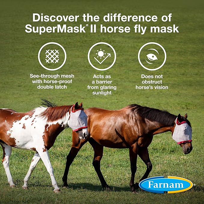 Farnam SuperMask II Fly Mask Without Ears for Foals, Full Face Coverage and Eye Protection from Insect Pests, Structured Classic Styling Mesh with Plush Trim, Foal Size-PurrikoPets