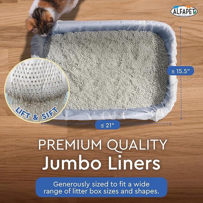 Alfapet Sifting Cat Litter Box Liners - Jumbo 15 Count, Pack of 5 - Tear-Resistant Cat Litter Bags, Waterproof Kitty Litter Liners, Fits Litterbox Pan Sizes X-Large, X-Giant, 37" x 18" 30 lb Capacity-PurrikoPets