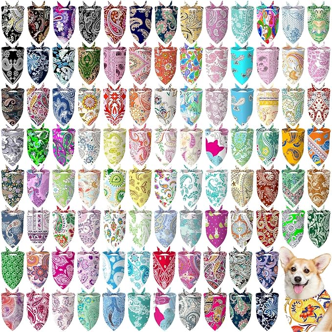 100 Pcs Dog Bandanas Bulk Pet Bibs Colorful Triangle Scarf Pet Bandanas for Medium Large Dogs Spring Summer Birthday Costume Decoration (Paisley)-PurrikoPets