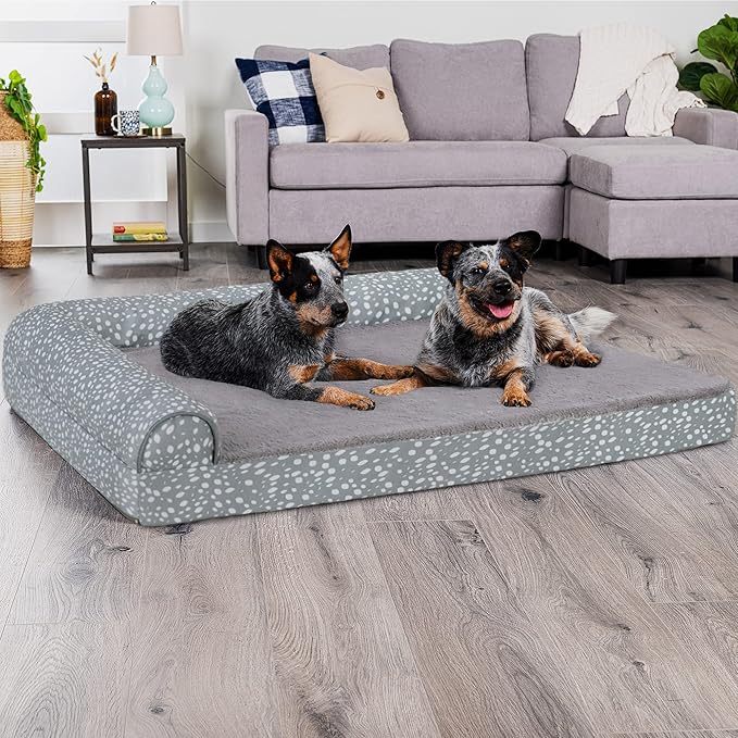 Furhaven Cooling Gel Dog Bed for Large Dogs w/ Removable Bolsters & Washable Cover, For Dogs Up to 125 lbs - Plush & Almond Print L Shaped Chaise - Gray Almonds, Jumbo Plus/XXL-PurrikoPets