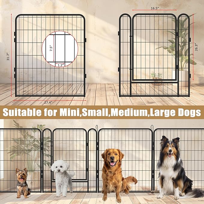 Dog Playpen, Outdoor Dog Fence, 16 Panels, 32" H Dog Pen for Medium/Small Dogs, Heavy Duty Metal Pet Fence with Gate, Portable Dog Fence for RV Camping and Yard (Black)-PurrikoPets