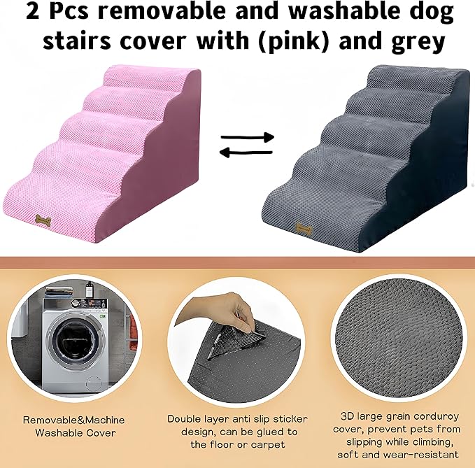 Dog Stairs & Pet Ramp for Small/Large Dogs to High Beds/Couches - 5 Steps 24-inch Height for 18-30 inch Furniture, 2 Washable Covers (Pink, Grey), Non-Slip Balanced 33D Design for Old Dogs & Cats-PurrikoPets