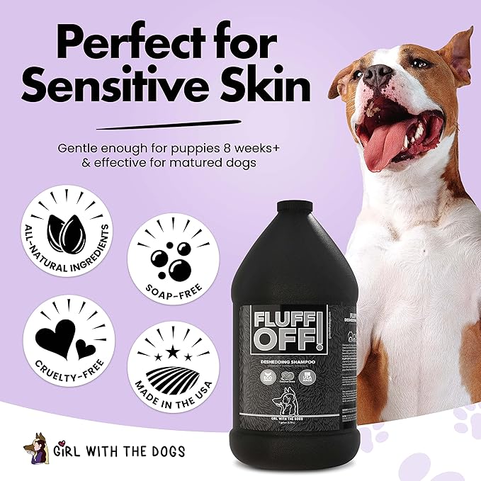 Fluff Off! by Girl With The Dogs, Natural Deshedding Dog & Cat Shampoo, 1 Gal, Made in USA, 8 Wks+-PurrikoPets