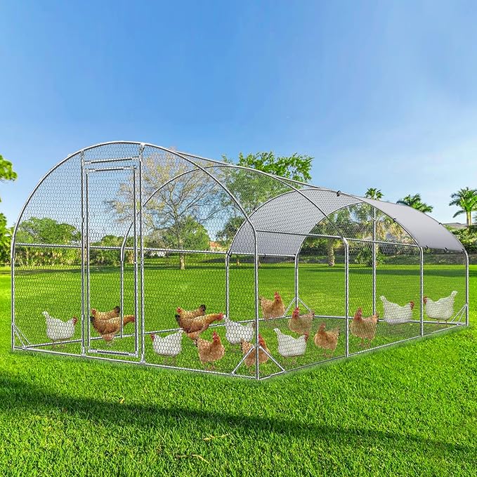 4ever2buy Large Metal Chicken Coop with Run Walk-in Poultry Cage Chicken Runs House Pen Cage Dome Roofed Chicken Coops with Anti-Ultraviolet Cover for Outdoor Backyard Farm Use 9.5'W x 19.3'L x 6.3'H-PurrikoPets