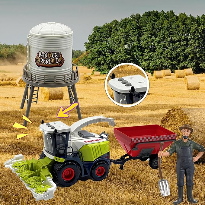 Farm Animals Toys Set Barn Toy Combine Harvester Tractor with Trailer Horse Stable Grain Bins Horse Cow Farmer Figures Fence Playset for Kids Toddlers Boy Girl 3-7 Years Old-PurrikoPets