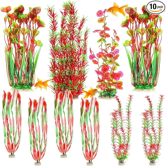 10 Pcs Large Aquarium Artificial Plants Decorations, Tall Plastic Fish Tank Plant Decorations for Household and Office Aquarium (Multicolor)-PurrikoPets