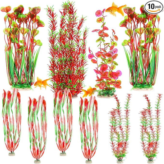10 Pcs Large Aquarium Artificial Plants Decorations, Tall Plastic Fish Tank Plant Decorations for Household and Office Aquarium (Multicolor)-PurrikoPets