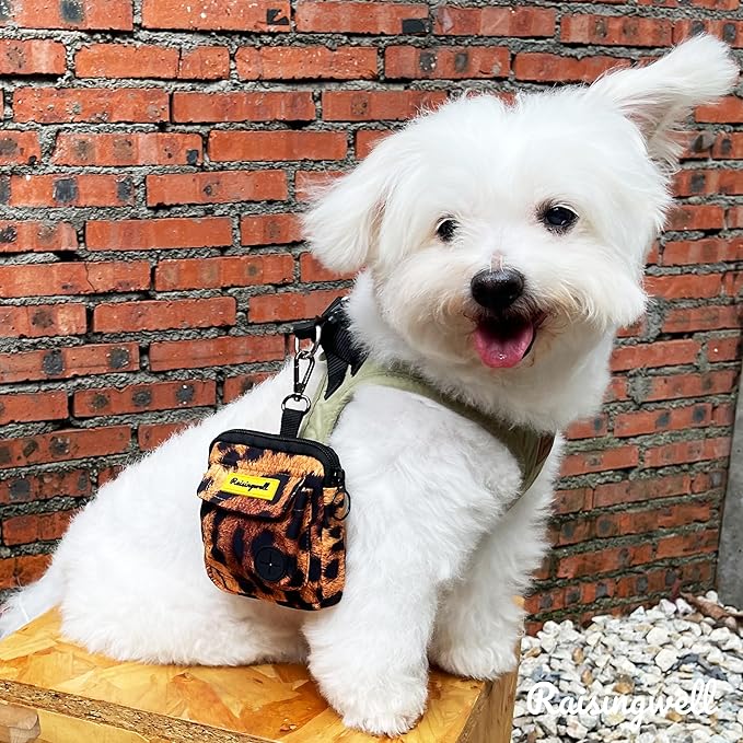 Dog Treat Pouch for Pet Walking and Training with Clicker Poop Bags and Double Bag Design Small Fanny Zipper Pack Holder for Puppy Snack Dispenser Kit for Leash and Outdoor Use Leopard Print-PurrikoPets