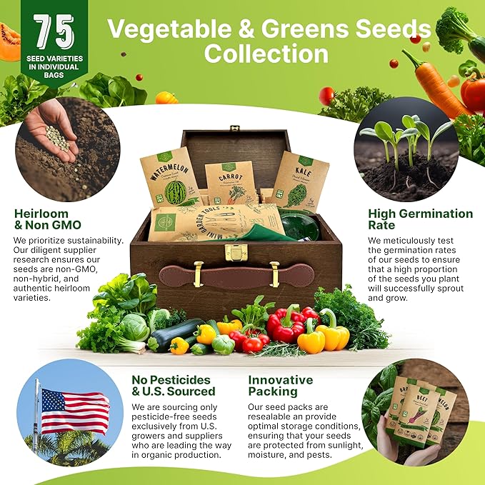 75 Vegetable & Greens Seeds Variety Pack, Garden Seed Starter Kit - Over 44,700 Non-GMO Heirloom Seeds for Planting Vegetables and Greens, Gift Seed Box with Gardening Supplies, Survival Kit-PurrikoPets