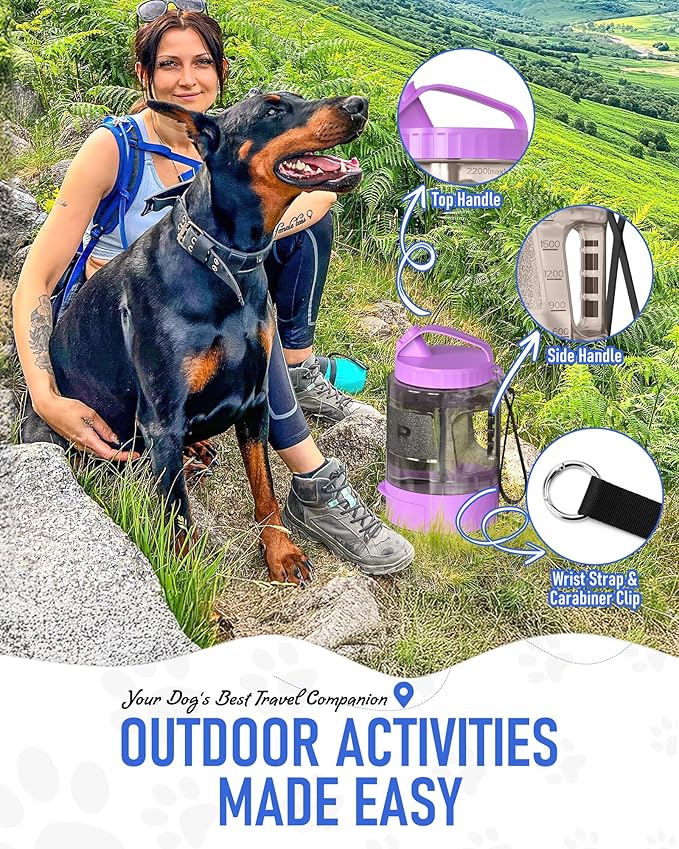 77oz Dog Travel Water Bottle, Large Portable Dog Water Bowl Dispenser, Leakproof Pet Drinking Bottle Dispenser for Hiking Camping Walking Travelling Beach Car Trips, No Spill, BPA Free,Purple-PurrikoPets