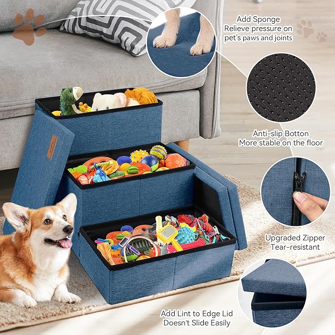 Dog Stairs with Storage 18" H, 3-Step Wider Dog Steps for Large/Medium/Small Older Dogs Cats, Folding Sturdy Pet Stairs Climbing Bed or Couch, Ramp for Car Up to 200 lbs, Navy, No Condo-PurrikoPets