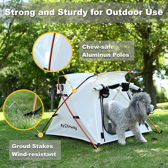 Dog Tent Cat Tent with Aluminum Poles and Camping Mat, Outdoor Waterproof Pet Tent with Zippered Mesh Door, Dog House, Cat House, Pet Playpen, Portable and Collapsible (White, Small)-PurrikoPets