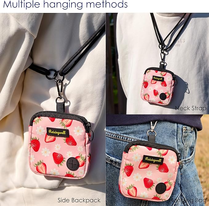 Dog Treat Pouch for Pet Walking and Training with Clicker Poop Bags Small Fanny Zipper Pack Holder for Puppy Snack Dispenser Kit for Leash and Outdoor Use (Strawberry)-PurrikoPets