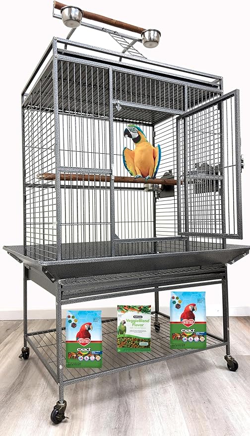 Extra Large Elegant and Durable Wrought Iron Climbing Ladder Perch Stand Play Top Ground Bird Parrot Metal Cage Around Seed Guard Storage Shelf with Heavy Duty Lockable Rolling Wheels-PurrikoPets