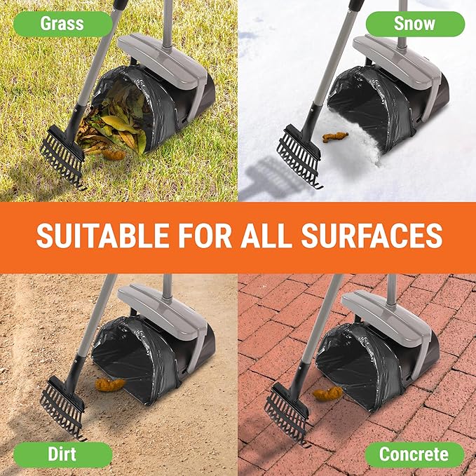 Dog Pooper Scooper with Bag Attachment, 40" Long Handle Pooper Scooper for Large Dogs, Dog Poop Scoop for Yard, Large Capacity Swivel Bin and Rake, Lavender Scented Bags (Grey)-PurrikoPets