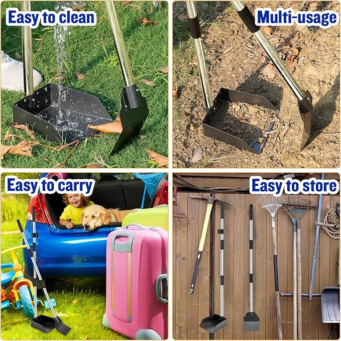Dog Pooper Scooper,Tray and Spade Set Poop Scooper for Dogs, Adjustable Long Handle Metal Pooper Scooper with Bin for Pet Waste Removal, No Bending Clean Up for Medium and Large Dogs-PurrikoPets