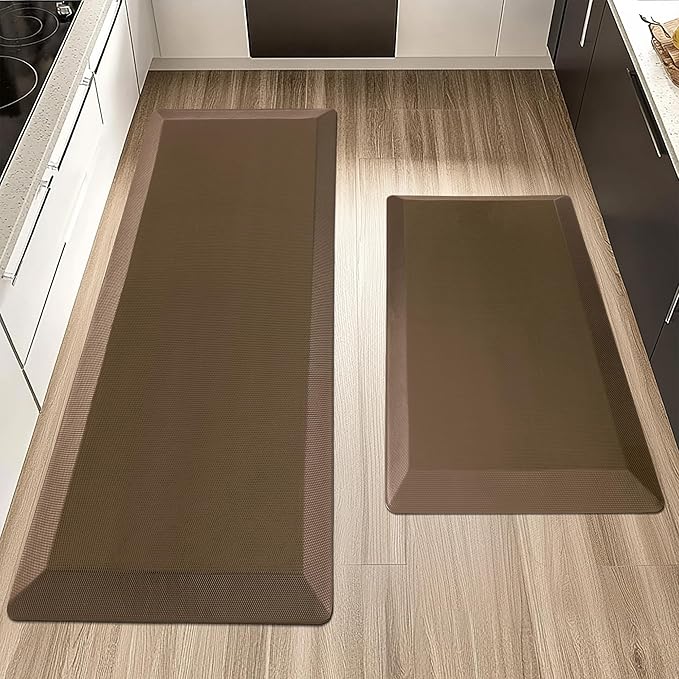 2 PCS Anti Fatigue Kitchen Mats for Floor, Brown 9/10 Extra Thick Cushioned Standing Desk Mat, Comfort Memory Foam Ergonomic Rugs and Mats Non-Slip Waterproof for Office, Kitchen, 20"x32"+20"x48"-PurrikoPets