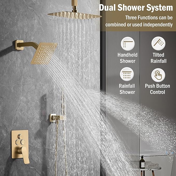 12 Inch Rain Shower System, Brushed Gold Shower Faucet Set with Push Button Diverter, 6 Inch Wall Mounted 3-Functions Bathroom Shower Systems with Dual-Function Handheld-PurrikoPets