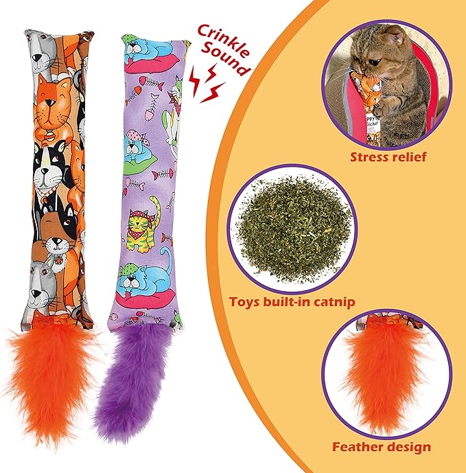 2 Pack Natural Interactive Catnip Cat Kicker with Feathers, Bite Resistant Chew Toy, Crinkle Kicker, Accessories for Indoor Cat-PurrikoPets