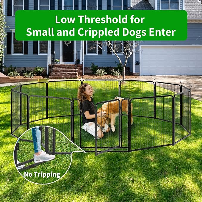 Dog Playpen Outdoor Extra Wide 16 Panels Heavy Duty Dog Fence 32" Height Anti-Rust with Doors Portable for RV Camping Yard, Total 42FT, 140 Sq.ft, Snowy Black-PurrikoPets