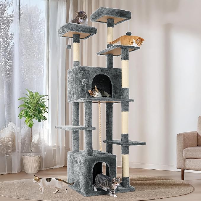 69in Large Cat Tree Tower for Indoor Cats with Soft Plush Hang Ball, Two Condos, Sisal Scratch Posts & Rope Play for Kittens/Adult Cats, Grey-PurrikoPets