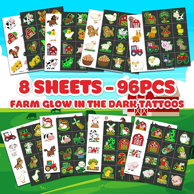96 PCS Farm Barnyard Animal Glow In The Dark Pre-Cut Temporary Tattoos Sticker 1st First 2nd Birthday Decorations Party Favors Supplies Gift Boy Girl Farmhouse Tattoo School Reward Themed (Luminous)-PurrikoPets