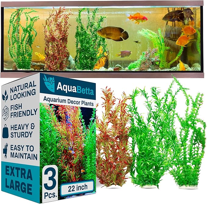 3PCS Artificial Aquarium Plants Set Extra Large - Big Natural Looking Plastic Decoration for Fish, Axolotl and Turtle Tanks – Tall Realistic Tank, Swamp and Pond Fake Plant Decorations.-PurrikoPets