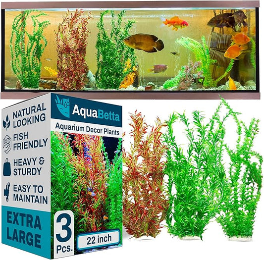3PCS Artificial Aquarium Plants Set Extra Large - Big Natural Looking Plastic Decoration for Fish, Axolotl and Turtle Tanks – Tall Realistic Tank, Swamp and Pond Fake Plant Decorations.-PurrikoPets