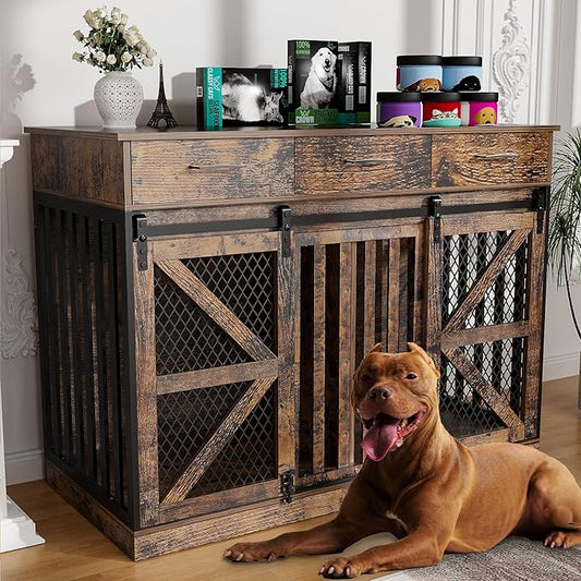 48'' Dog Crate Furniture with Removable Divider & Storage Drawers, Wooden Double Dog Cage TV Stand with 2 Sliding Barn Doors, Multi-Functional Dog Crate End Table for Indoor use (Retro Brown)-PurrikoPets
