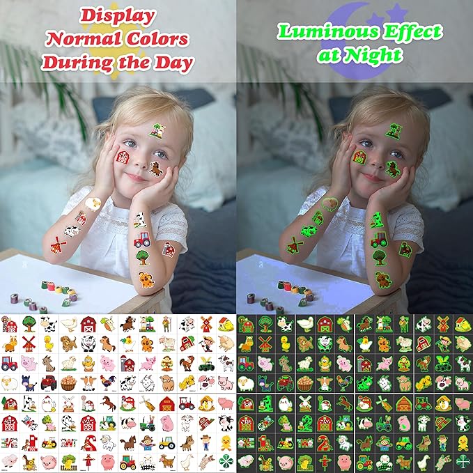 96 PCS Farm Barnyard Animal Glow In The Dark Pre-Cut Temporary Tattoos Sticker 1st First 2nd Birthday Decorations Party Favors Supplies Gift Boy Girl Farmhouse Tattoo School Reward Themed (Luminous)-PurrikoPets