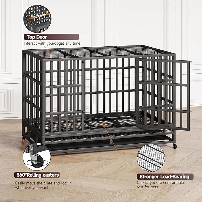 48 Inch Heavy Duty Indestructible Dog Crate Steel Escape Proof, High Anxiety Cage, Kennel with Wheels, Removable Tray, Extra Large XL XXL-PurrikoPets