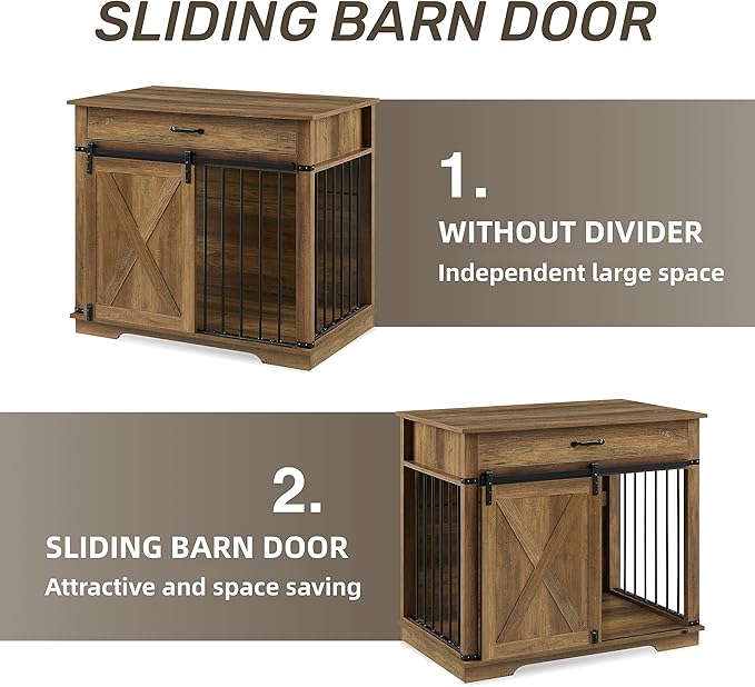EDYO LIVING 38" Large Dog Crate Furniture with Sliding Barn Door, Wooden Dog Kennel with Drawer for Storage, Water Resistant Indoor Furniture Style Dog Crate for Small/Medium/Large Dog, Rustic Oak-PurrikoPets