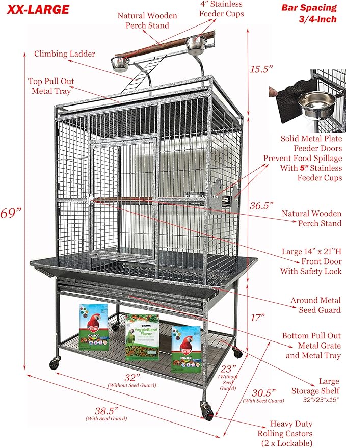 Extra Large Elegant and Durable Wrought Iron Climbing Ladder Perch Stand Play Top Ground Bird Parrot Metal Cage Around Seed Guard Storage Shelf with Heavy Duty Lockable Rolling Wheels-PurrikoPets