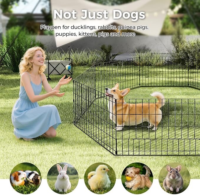 Foldable Dog Playpen 24" Height 8 Panels Metal Exercise Pen No Door - Indoor/Outdoor Puppy Playpen for Small Dogs, Portable Pet Fence for Yard Garden Camping, Black-PurrikoPets