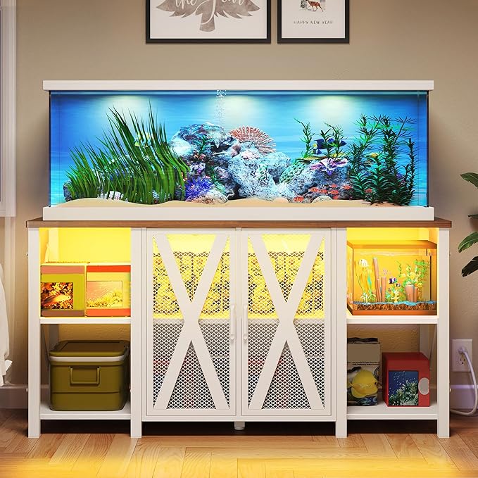 DWVO 75-120 Gallon Aquarium Stand with Power Outlet & LED Light, Cabinet for Accessories Storage - Heavy Duty Metal Fish Tank Stand Suitable for Turtle Tank, Reptile Terrarium, 2000LBS Capacity, White-PurrikoPets
