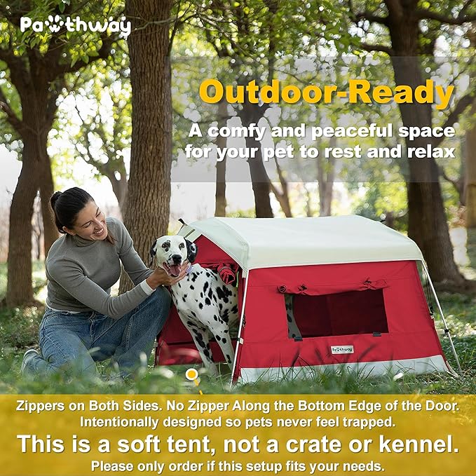 Dog Tent Cotton Fabric, Aluminum Poles and Camping Mat, Outdoor Weatherproof, Dog House Outdoor, Breathable with 2 Side Windows, Portable and Collapsible (Red, Large)-PurrikoPets
