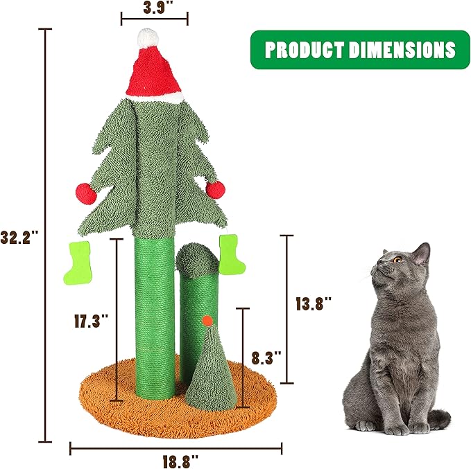 32” Cat Scratching Post, Tall Christmas Tree Cat Scratcher with 3 Posts and Cute Dangling Teaser Balls, Natural Sisal Rope Cat Toys for Kitty and Adult Cats-PurrikoPets