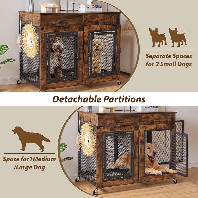 43" Large Dog Crate Furniture, Wood Dog Kennel End Table with Drawers, Decorative Pet Crate with Removable Partitions & Wheels, Dog House Indoor for Large/Medium/Small Dogs-PurrikoPets