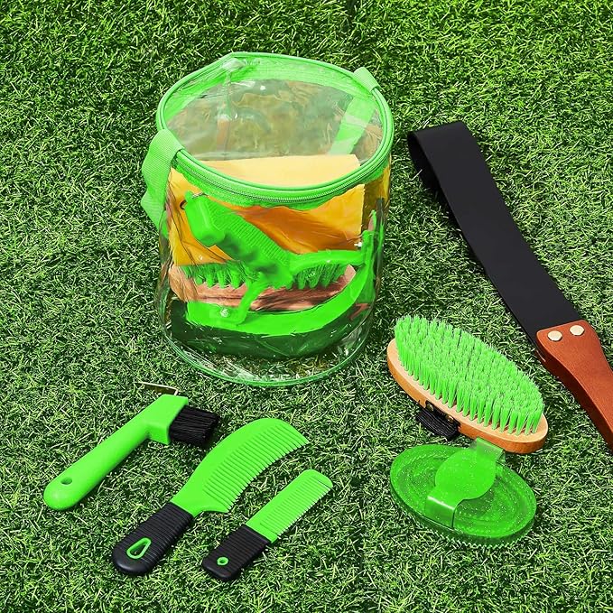 9 Pieces Horse Grooming Kit Tack Room Supplies Set with Organizer Tote Bag, Oval Massage Curry, Hard and Soft Brush, Hoof Pick, Sweat Scraper, Bathing Sponge, Combs for Horse Riders Beginners (Green)-PurrikoPets