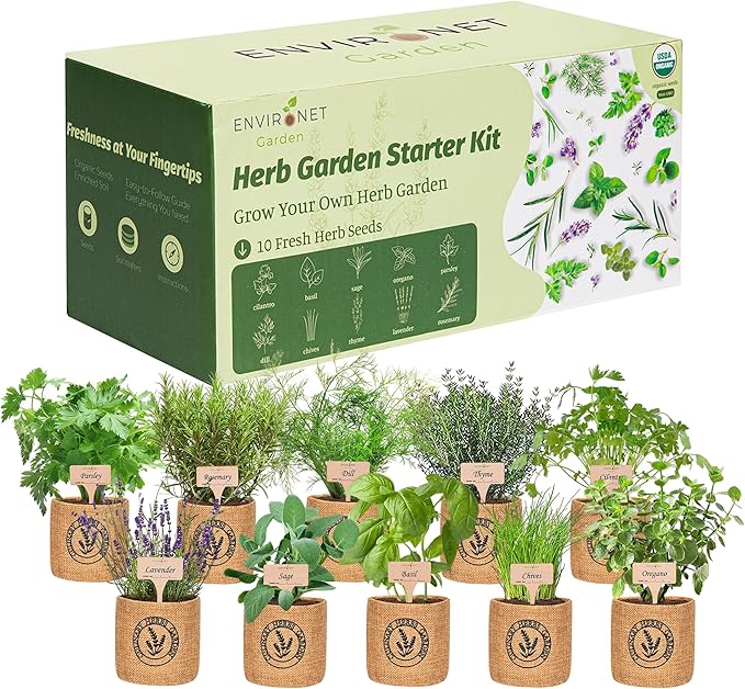 10 Indoor Herb Garden Kit- Burlap Pots, Organic Seeds, Herb Garden Planter Indoor Kit, Easy Window & Kitchen Herbs Growing Kit, Cilantro, Basil, Sage, Oregano, Parsley, Dill, Chives etc.-PurrikoPets