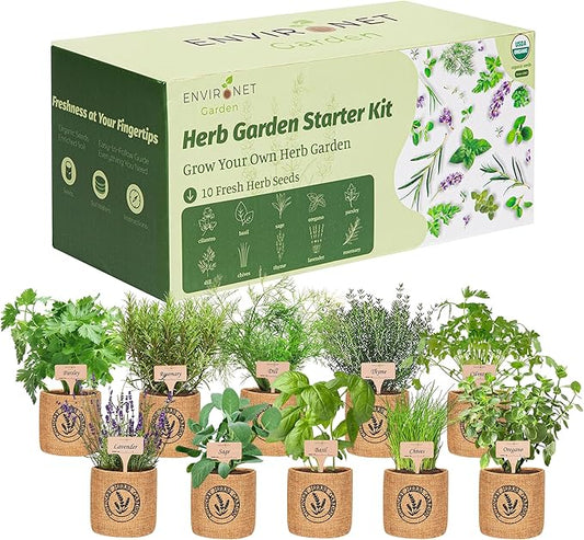 10 Indoor Herb Garden Kit- Burlap Pots, Organic Seeds, Herb Garden Planter Indoor Kit, Easy Window & Kitchen Herbs Growing Kit, Cilantro, Basil, Sage, Oregano, Parsley, Dill, Chives etc.-PurrikoPets