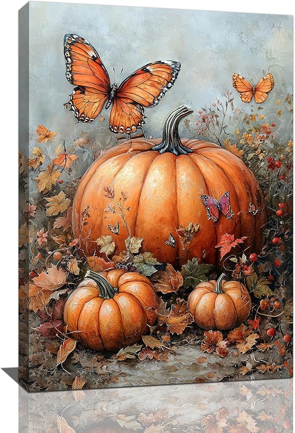 Fall Pumpkin Pictures Wall Art, Rustic Thanksgiving Bathroom Wall Decor, Farmhouse Autumn Butterfly Framed Painting Canvas Artwork for Harvest Gift Bedroom Living Room Decorations 24"L x 16"W-PurrikoPets