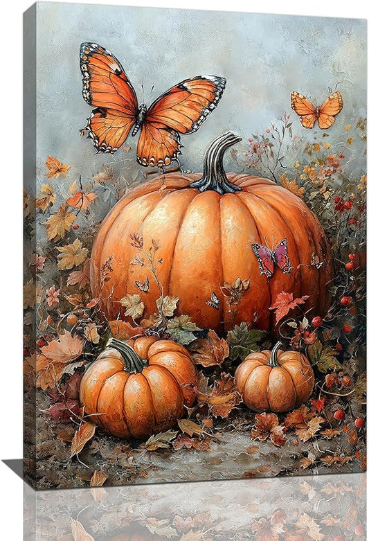 Fall Pumpkin Pictures Wall Art, Rustic Thanksgiving Bathroom Wall Decor, Farmhouse Autumn Butterfly Framed Painting Canvas Artwork for Harvest Gift Bedroom Living Room Decorations 24"L x 16"W-PurrikoPets