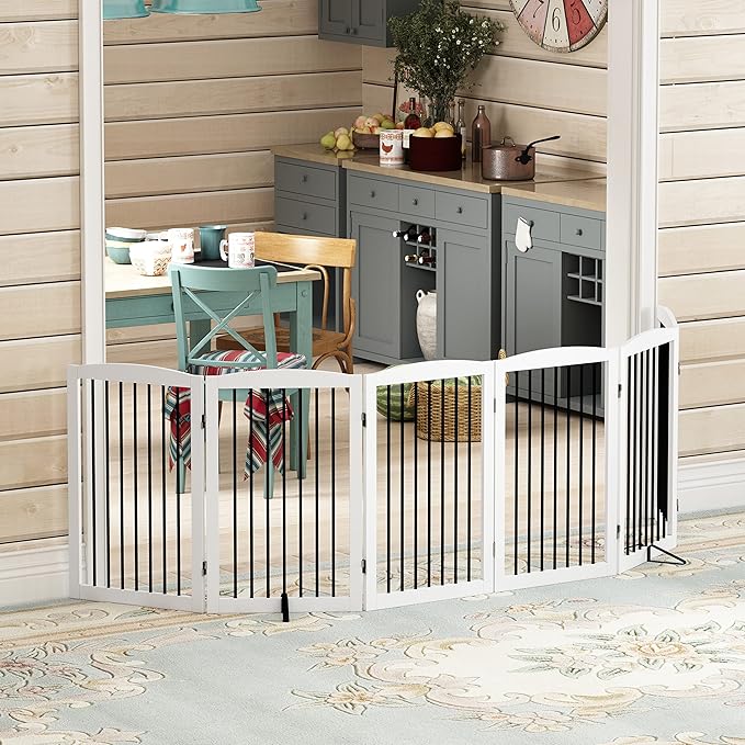 Freestanding Pet Gate for Dogs, Indoor Wooden Foldable Dog Gate for House, Extra Wide, Pet Fence for Stairs, Doorways, Halls, Support Feet Included, 120 Inch Wide, 6 Panels 32",White-PurrikoPets