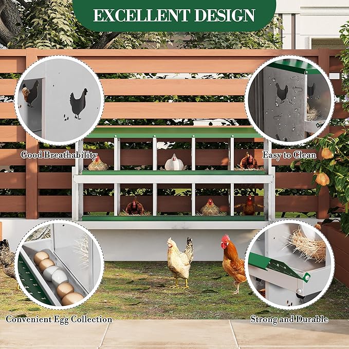 10 Hole Chicken Nesting Box with Roll Out Egg Tray, Rustproof & Ventilated Chicken Laying Boxes for Hens, Chickens, Ducks | Easy-Clean Poultry Coop Accessories, Green with Stand-PurrikoPets