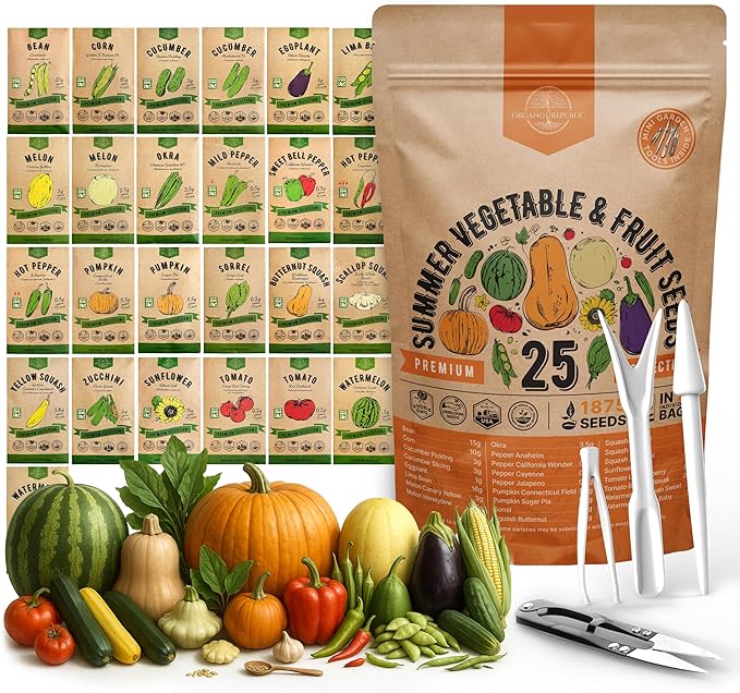 25 Summer Vegetable & Fruit Seeds Variety Pack - 1,870+ Non-GMO Heirloom Veggie & Fruits Seeds for Outdoors and Indoor Home Gardening, Including Collards, Tomato, Pepper, Okra, Onion, Bean, Cucumber-PurrikoPets