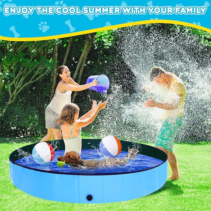 Foldable Dog Pool - 63" x 12" Anti-Slip Portable Dog Swimming Pool, Hard Plastic Collapsible Kiddie Pool for Outdoor and Indoor for Pets Dogs Cats and Kids-PurrikoPets