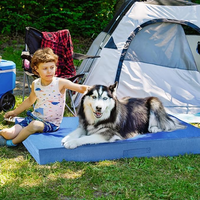 FurHaven Cooling Dog Bed – XXL Foam Mattress for Joint Pain Relief, Waterproof Liner, Removable Washable Cover, Durable for Outdoor Use, Deluxe Grid Indoor/Outdoor Bed – Blue, Jumbo Plus-PurrikoPets