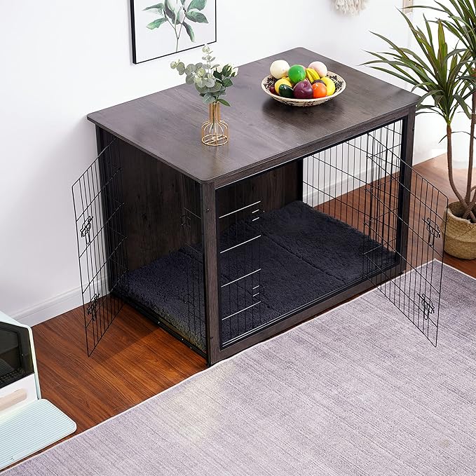 DWANTON Dog Crate Furniture with Cushion, Wooden Kennel Table with Double Doors, Indoor Dog House, Extra Large Size, 43.3" L, Dark Gray-PurrikoPets