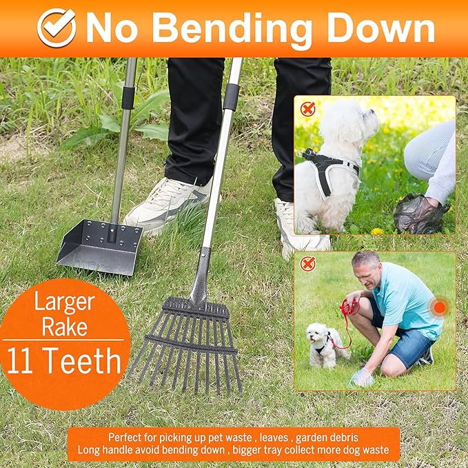 Dog Pooper Scooper, Adjustable Handle Poop Scooper with Tray,Rake and Spade Set of 3, Steel Stainless Poop Scoop for Medium Large Dogs and Pet Waste on Grass, Dirt and Gravel (Large Size)-PurrikoPets